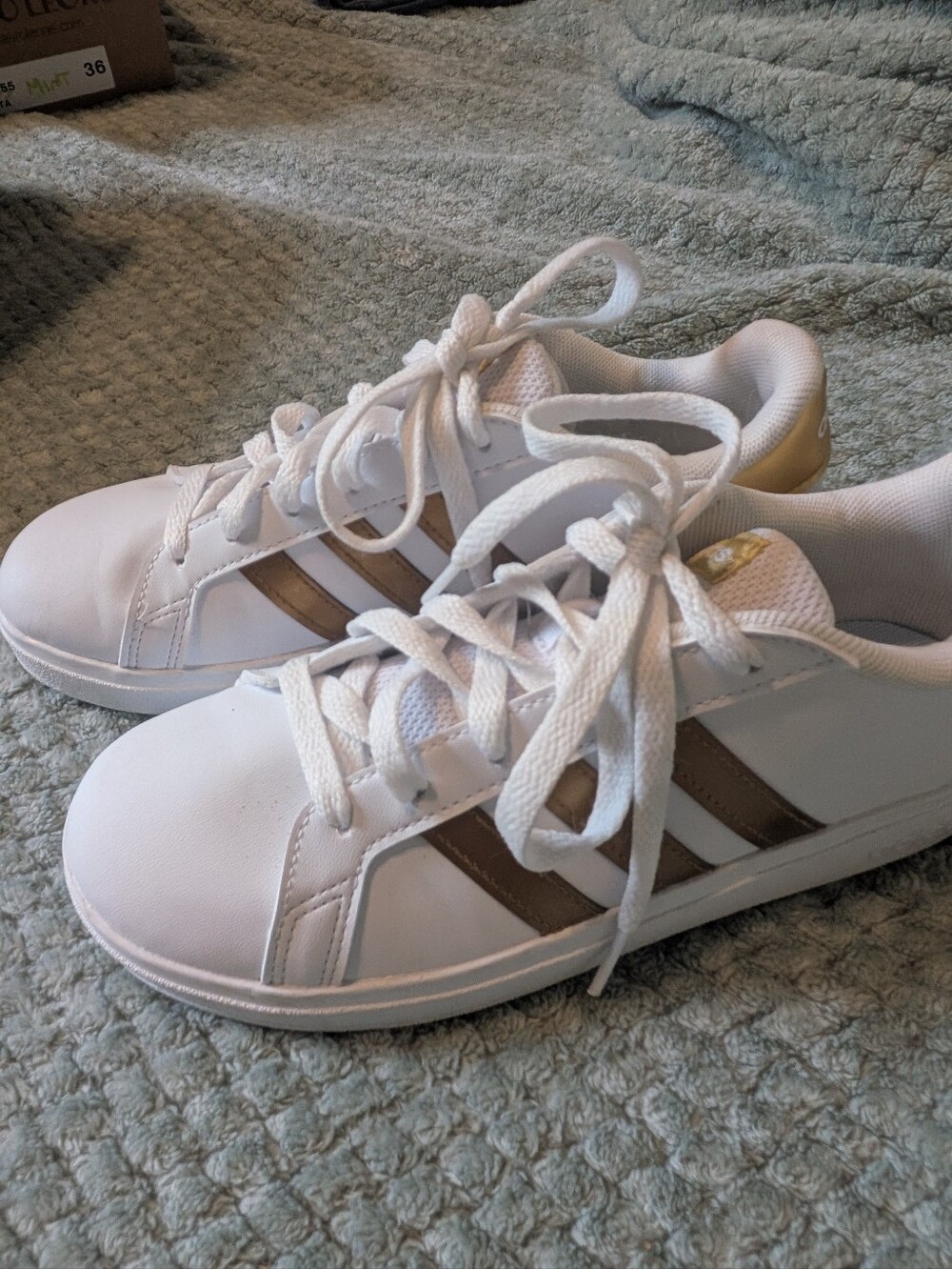 Adidas White Sneakers with Gold Accents - Big Girl Size 4
